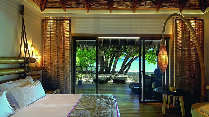 Pokój, projektowanie wnętrz, ośrodek wypoczynkowy, okno, dom, hotel, apartament, wnętrze, dom, Malediwy, Tapety HD