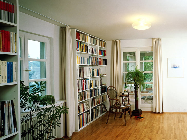 biały regał drewniany wielowarstwowy, hol wejściowy, szafa, książki, komfort, Tapety HD