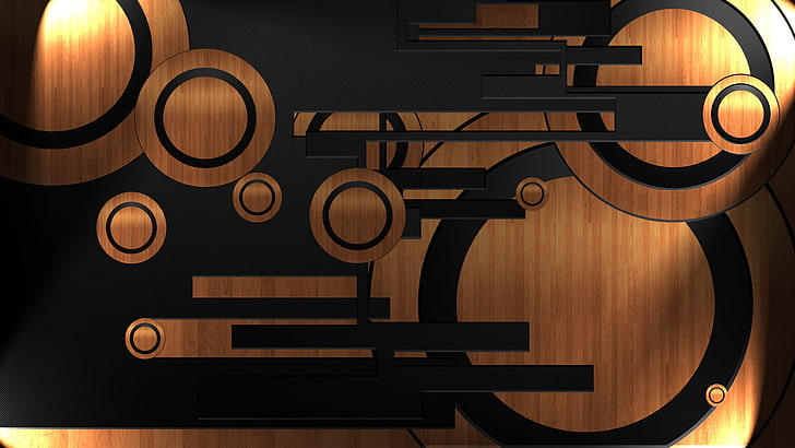 黒と茶色の木製のテーブル、黒と茶色の木製の壁の装飾、円、抽象、木材、木製の表面、 HDデスクトップの壁紙