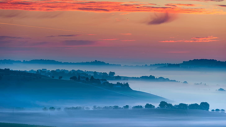 blaue Berge, Landschaft, Sonnenuntergang, Nebel, Dorf, Hügel, HD-Hintergrundbild