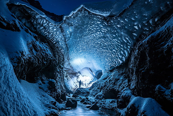 grotte de glace, glacier, caverne, homme, glace, neige, Fond d'écran HD