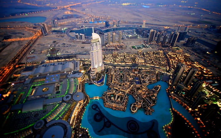 Вечерний Дубай Небоскребы, вид с высоты птичьего полета на город, современный, удивительный, красивый, невероятный, город, небоскребы, красота, природа и пейзажи, HD обои