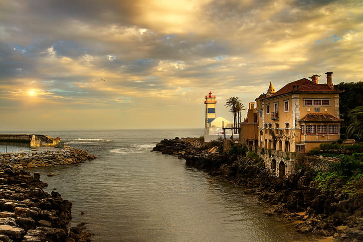 architecture, old building, water, river, sea, Portugal, rock, stones, lighthouse, palm trees, Sun, clouds, birds, HD wallpaper