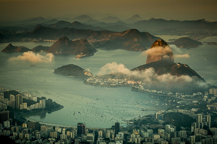 Рио-де-Жанейро, Бразилия, вид, высотное здание, горы, побережье, Бразилия, Рио-де-Жанейро, вид, мегаполис, море, HD обои