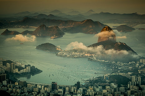 Рио де Жанейро, Бразилия, изглед, висок сграда, планини, крайбрежие, Бразилия, Рио де Жанейро, изглед, метрополия, море, HD тапет HD wallpaper