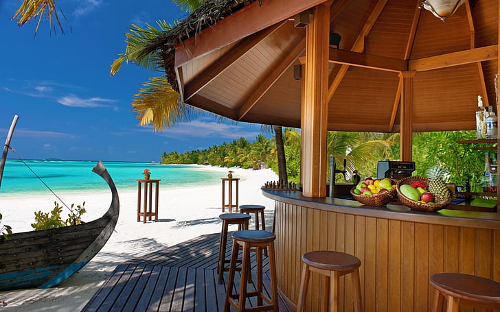 Summer Beach Bar, chalet de plage en bois brun, plage, ciel bleu, mer, océan, paysage, Fond d'écran HD