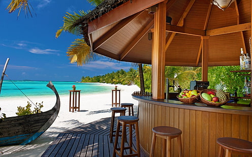 Summer Beach Bar, cabaña de playa de madera marrón, playa, cielo azul, mar, océano, paisaje, Fondo de pantalla HD HD wallpaper