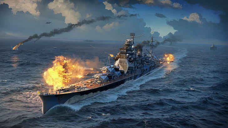 The sky, Water, Clouds, Sea, Wave, Smoke, Aircraft, Fire, Ship, Light, Flame, Shot, Cruiser, Wargaming Net, WoWS, World of Warships, The World Of Ships, Volley, ATAGO, Heavy Cruiser, HD wallpaper