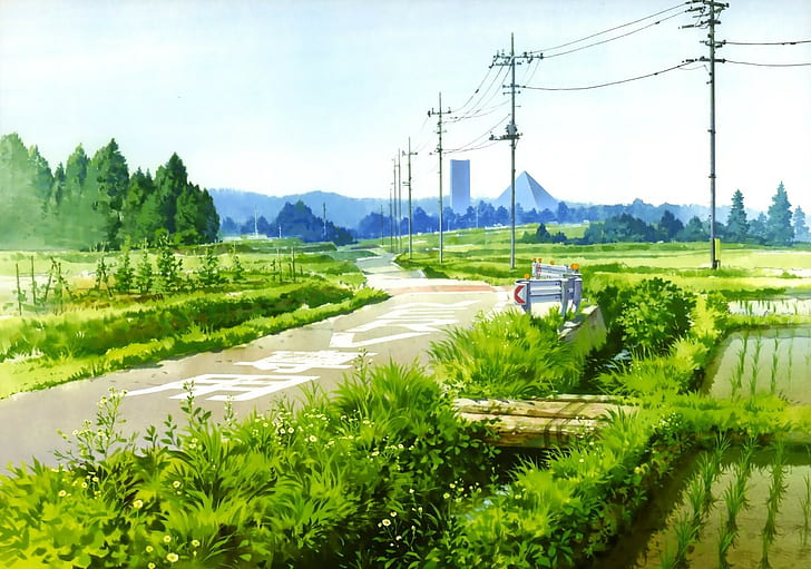 Kunstwerk, Straße, Stromleitungen, Bauernhof, Pflanzen, Strommast, HD-Hintergrundbild