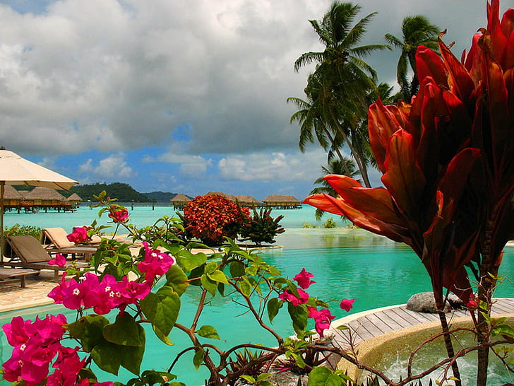 Синята лагуна на Бора Бора Френска Полинезия, Бурганвил, плуване, остров, таити, джакузи, екзотика, синьо, лагуна, атол, бора, рай, HD тапет
