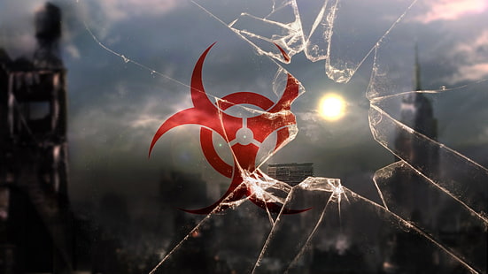 pecahan kaca dengan logo merah, nuklir, pecahan kaca, apokaliptik, Wallpaper HD HD wallpaper