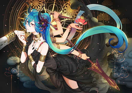 blue haired female anime character, anime, anime girls, Vocaloid, Hatsune Miku, dress, horns, weapon, long hair, blue hair, red eyes, HD wallpaper HD wallpaper