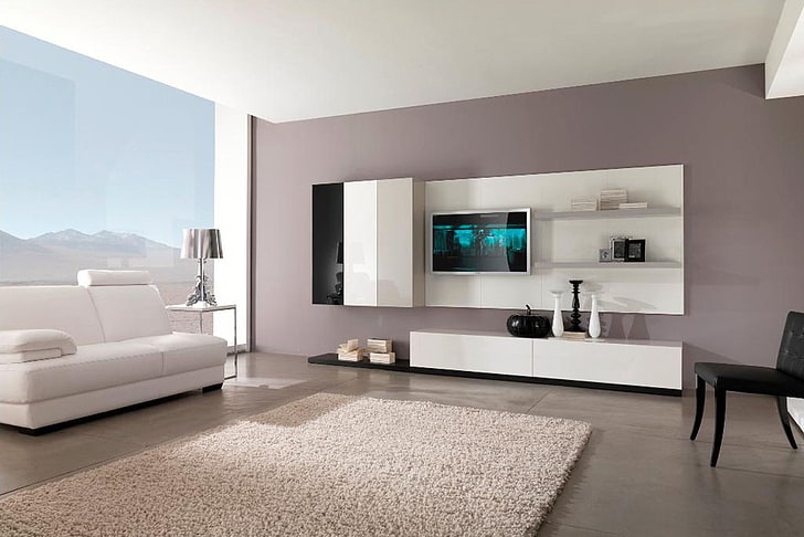 televisão de tela plana e suporte para TV branco, design, casa, estilo, Villa, interior, sala de estar, HD papel de parede
