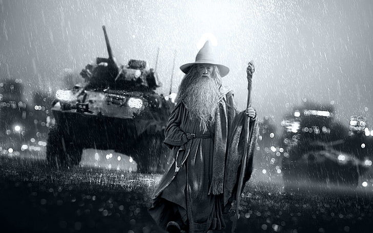 Graustufenfoto des Zauberers stehend auf Straßenplakat, Gandalf, Monochrom, Videospiele, Schlachtfeld, Schlachtfeld 4, HD-Hintergrundbild