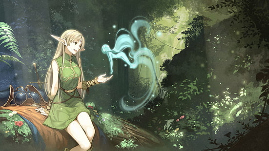 Anime Girls, Deedlit, Elven, Aufzeichnung des Lodoss-Krieges, Wald, HD-Hintergrundbild HD wallpaper