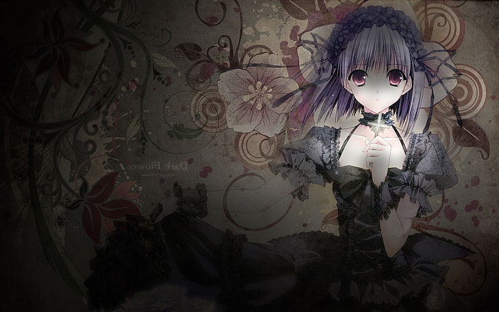 anime, cross, Dark, dress, bunga, Gothic, Lavender, Purple Eyes, Purple Hair, Violet Eyes, Wallpaper HD