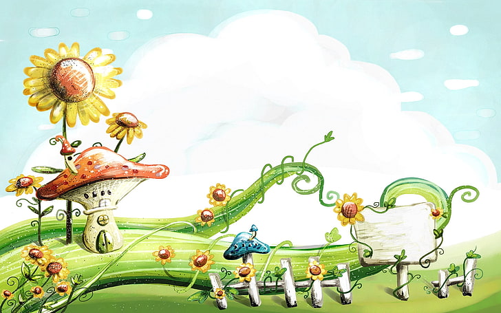 ilustrasi jamur merah dan bunga matahari, bunga matahari, rumah, alam, lukisan, cat, warna, Wallpaper HD