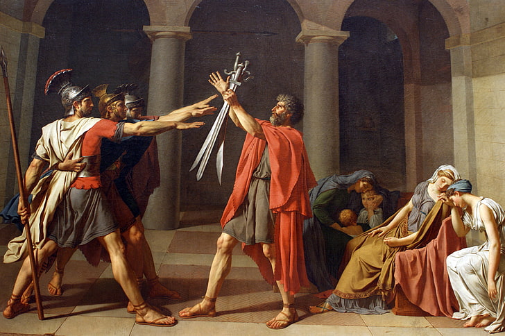 man holding swords in front of knights painting, picture, swords, Rome, painting, men, Neoclassicism, brothers, mother, wife, oath, oath Horatii, The Oath of the Horatii, Jacques-Louis DAVID, HD wallpaper