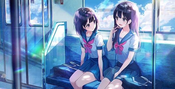 meninas de anime, uniforme escolar, estudante, mulheres, trem, saia, HD papel de parede HD wallpaper