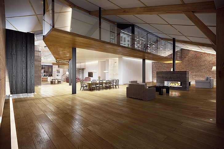 pavimento in parquet marrone, tavolo, camino, sala, interni, soggiorno, camera, design elegante, moderno loft, Sfondo HD