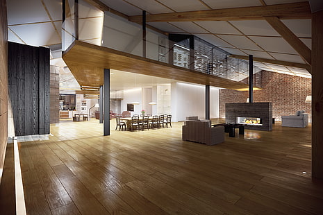 piso de parquet marrón, mesa, chimenea, hall, interior, sala de estar, sala, diseño elegante, loft moderno, Fondo de pantalla HD HD wallpaper