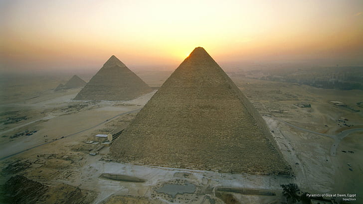 Пирамиди в Гиза в зората, Египет, Забележителности, HD тапет