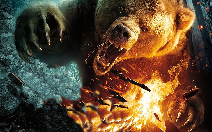 arg björnillustration, björnar, eld, konstverk, varelse, HD tapet