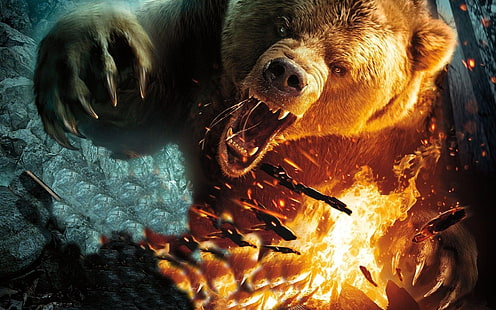 ilustração de urso bravo, ursos, fogo, trabalho artístico, criatura, HD papel de parede HD wallpaper