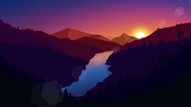 illustration, paysage, montagnes, nature, coucher de soleil, rivière, art numérique, art du polygone, Fond d'écran HD