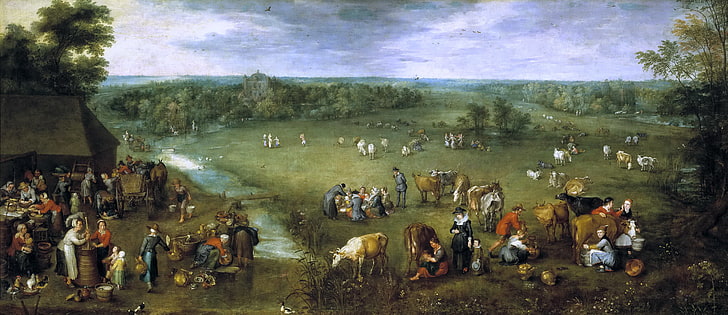 животные, пейзаж, дом, ручей, люди, картина, Ян Брейгель старший, Жизнь фламандской деревни, HD обои