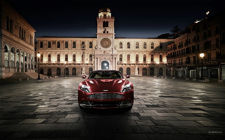 Aston Martin vence a noite edifício HD, vermelho aston martin vence, carros, noite, construção, martin, aston, vence, HD papel de parede
