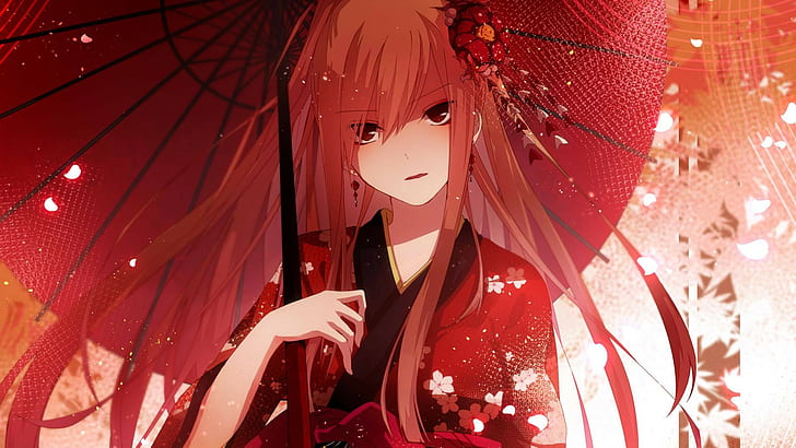 аниме девушки, кимоно, цветы, зонт, оригинальные персонажи, HD обои