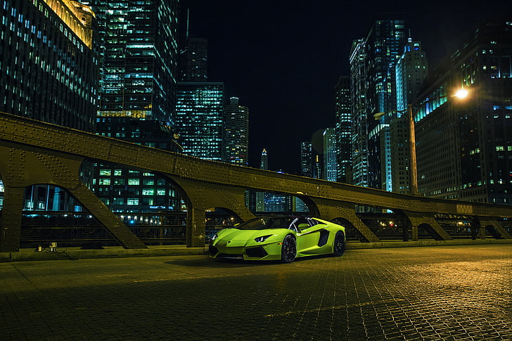 Coupé vert Lamborghini Aventador, Roadster, Lamborghini, Ville, Chicago, Vert, Avant, Centre ville, LP700-4, Aventador, Supercar, Nigth, Fond d'écran HD
