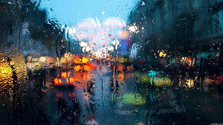 moist glass, untitled, rain, city, glass, water drops, window, bokeh, water on glass, FaZe Rain, lights, colorful, cyan, red, HD wallpaper