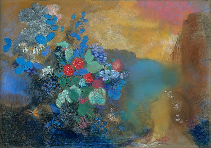 Odilon Redon, impressionism, symbolism, expressionism, fantasy art, artwork, traditional art, watercolor, oil painting, flowers, surreal, polychromatic, polychrome, abstract, butterflies, flower in hair, HD wallpaper