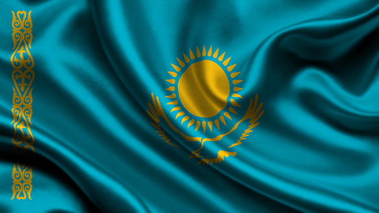 cerceta e amarelo têxtil, bandeira, Cazaquistão, HD papel de parede HD wallpaper