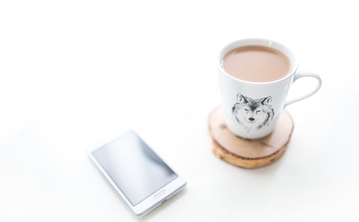 Coffee and Smartphone, Aero, White, Phone, Desk, Coffee, Wolf, Technology, Mobile, smartphone, whitedesk, cell phone, devices, HD wallpaper