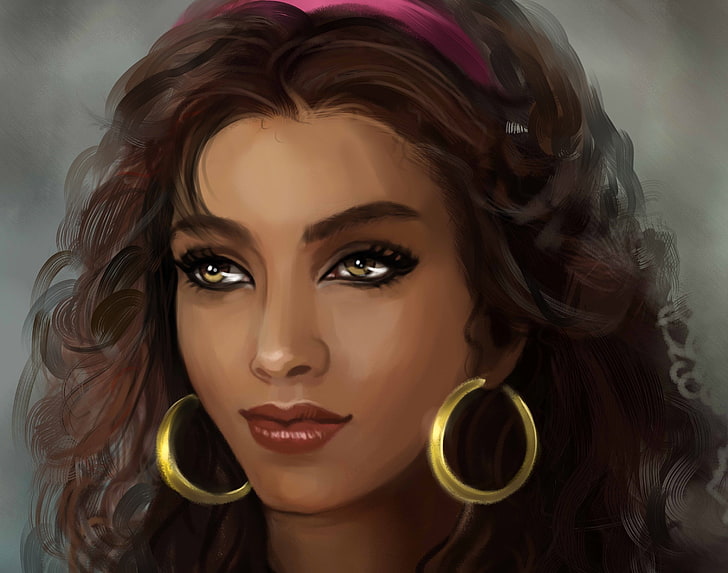 femme aux cheveux brunes avec illustration de boucles d'oreilles, look, visage, cheveux, boucles d'oreilles, art, caractère, Esmeralda, gitane, Fond d'écran HD