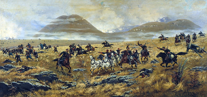 soldiers on horses fighting on field painting, war, artist, soldiers, battle, the Turks, Russian, Kivshenko, Cossacks, the Russo-Turkish war, HD wallpaper