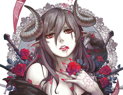 аниме девушки, рога, ворон, роза, суккуб, накрашенные ногти, фантазийная девушка, цветы, демон, HD обои HD wallpaper