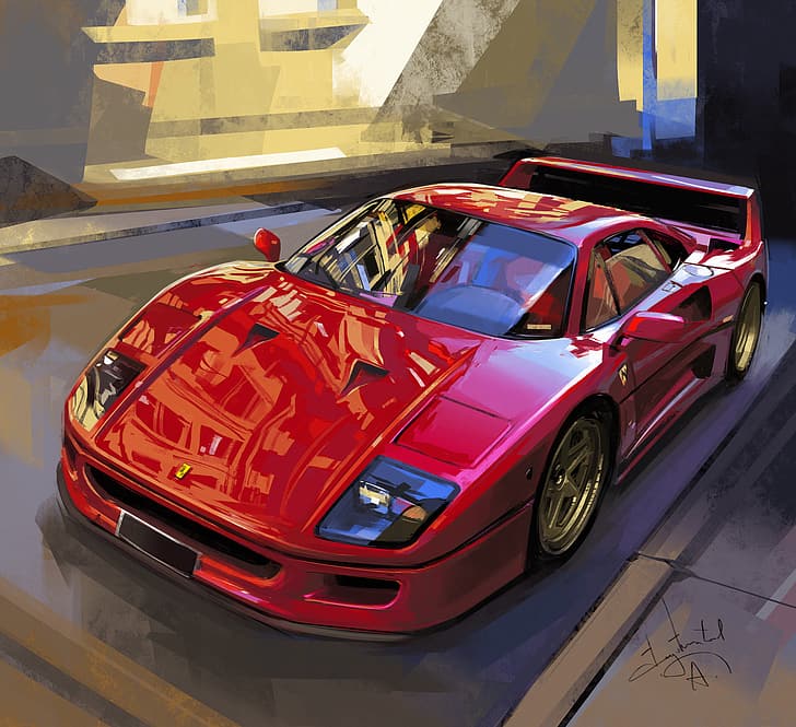 Aleksandr Sidelnikov, 1987 Ferrari F40, red cars, sports car, car, street, reflection, car spoiler, HD wallpaper
