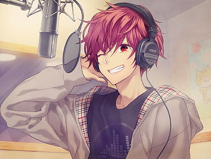 рыжий мужчина аниме персонаж с наушниками обои, музыка, аниме, наушники, арт, парень, HD обои HD wallpaper