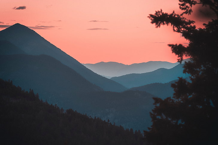 Berge, Wald, Sonnenuntergang, 4 K, Abenddämmerung, HD-Hintergrundbild