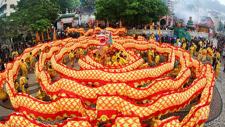 drago tessile arancione e rosso incorniciato capodanno cinese, capodanno cinese, festa di primavera, drago, arancia, Sfondo HD