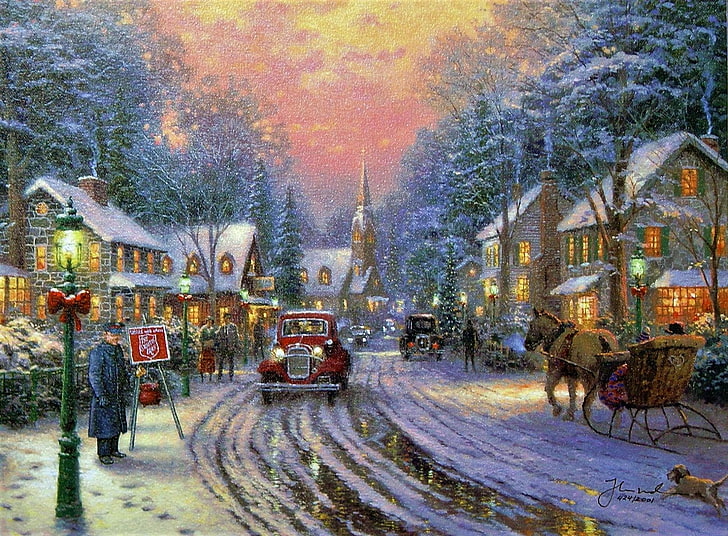 วันหยุดคริสต์มาสศิลปะภาพวาดหิมะวินเทจฤดูหนาว, วอลล์เปเปอร์ HD