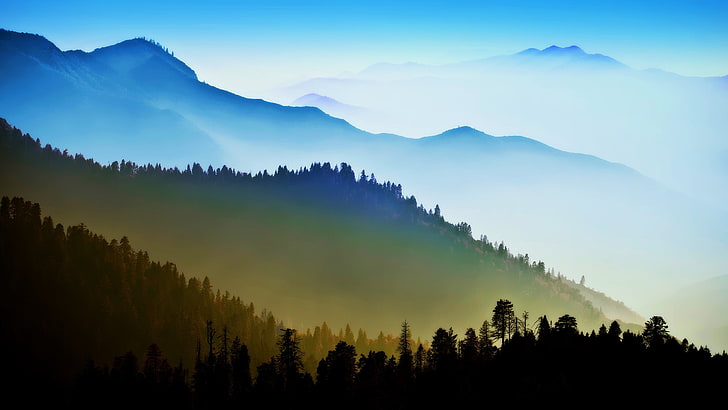 Weiße Wolken, Berge, Himmel, Wald, Landschaft, Natur, Nebel, Cyan, HD-Hintergrundbild