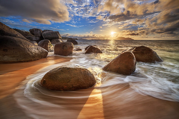 fotografía, rocas, playa, larga exposición, mar, nubes, Fondo de pantalla HD