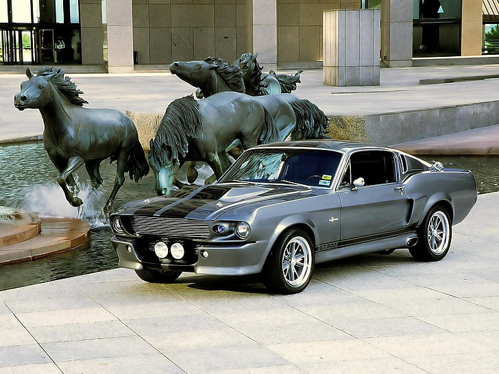gray coupe, car, vehicle, statue, fountain, Eleanor (car), Ford Mustang, Shelby, Shelby GT500, gone in 60 seconds, HD wallpaper