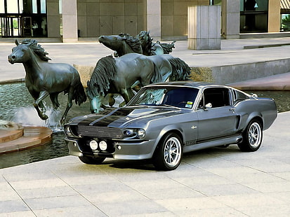 серый купе, автомобиль, автомобиль, статуя, фонтан, Элеонора (автомобиль), Ford Mustang, Shelby, Shelby GT500, ушли за 60 секунд, HD обои HD wallpaper