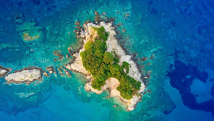 fotografia dronem, ocean, morze, widok z drona, wyspa, widok z lotu ptaka, wysepka, niezamieszkana wyspa, Tapety HD